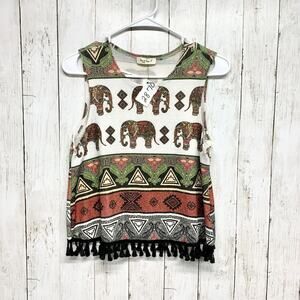 Love Is USA Shirt Women Chest 29" Medium Printed Sleeveless Blouse Tassel Fringe